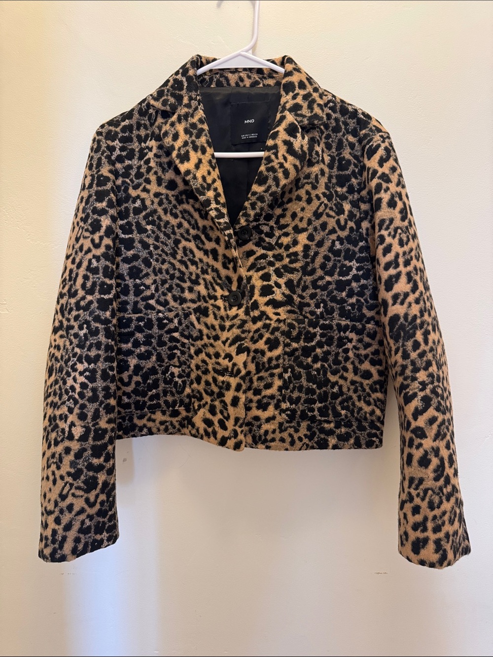 Mango Leopard Print Cropped Blazer in Tan and Black